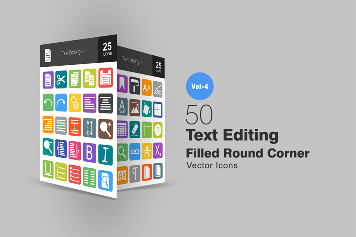 50 Text Editing Flat Round Corner Icons