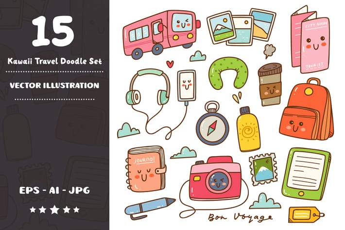 Kawaii Travel Doodle Set