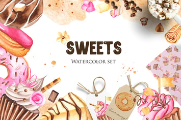 Watercolor Sweets Clipart, frames, cards, patterns