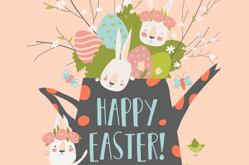 Cute cartoon bunny with Easter eggs and flowers. V