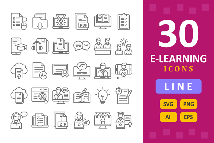 30 E-Learning Icons - Line