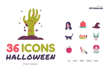 36 Halloween Icons Flat Style