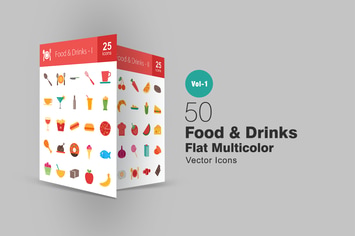 50 Food & Drinks Flat Multicolor Icons