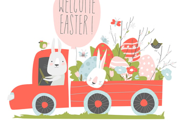Cute cartoon bunny driving a car with easter eggs.