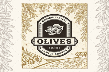 Retro Olives Label On Harvest Landscape