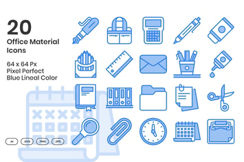 20 Office Material Icons Set - Blue Lineal Color