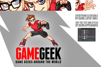 Cartoon Cool Geek Gamer Boy Mascot Logo Kit
