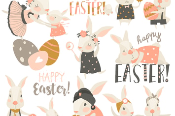 Vector set cartoon illustration of cute rabbit 
