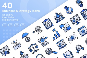 40 Business & Strategy Icons Set - Filled Line