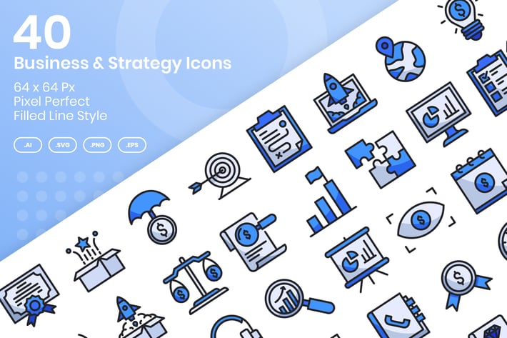 40 Business & Strategy Icons Set - Filled Line