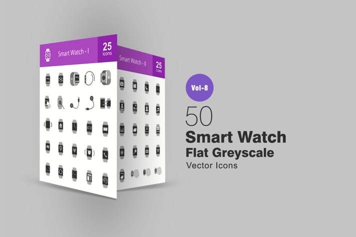 50 Smart Watch Flat Greyscale Icons