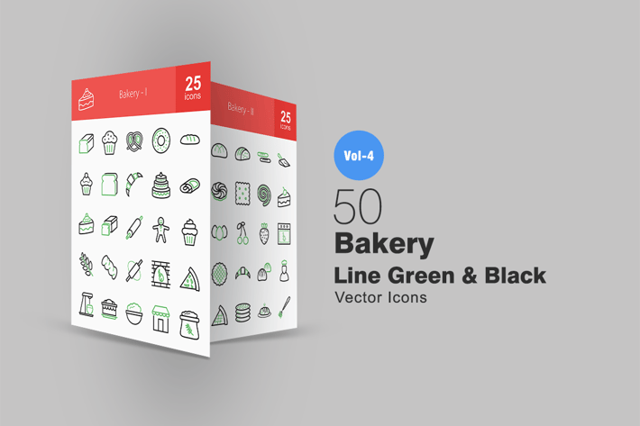 50 Bakery Line Green & Black Icons