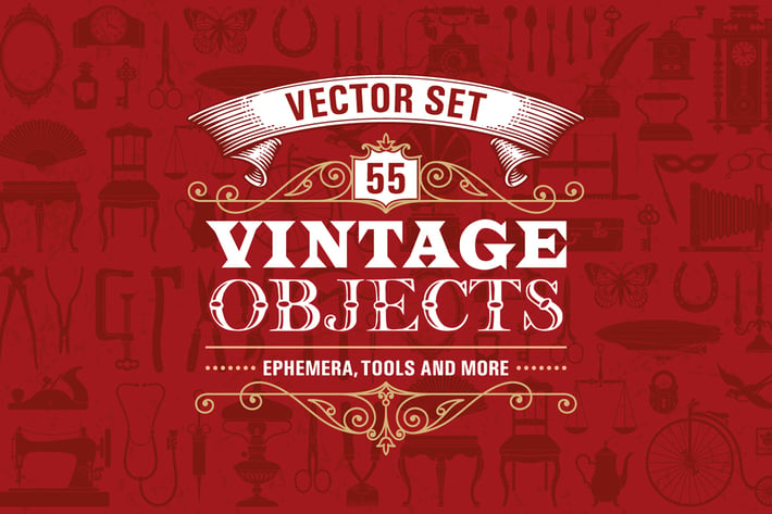 55 Vintage Retro Objects Vector Set