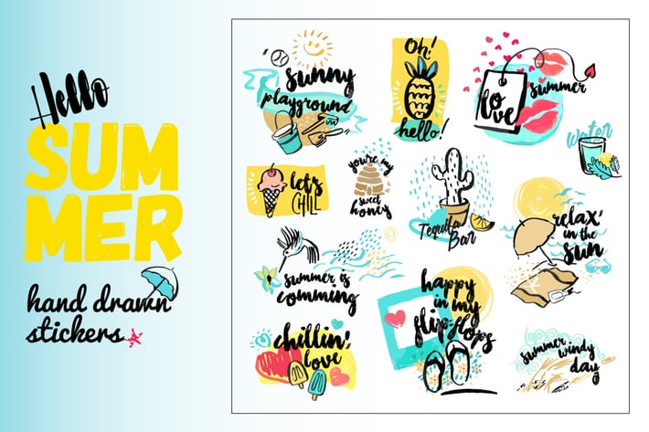 Set of hand drawn watercolor signs of summer.