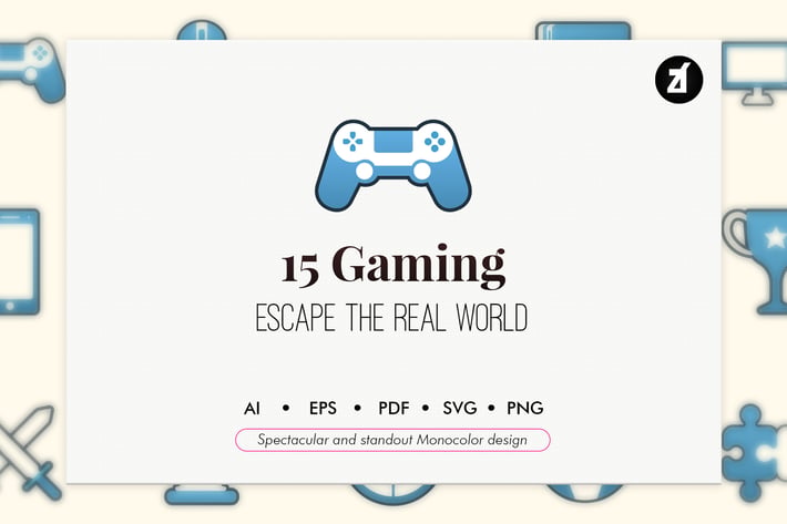15 Gaming elements in monocolor design