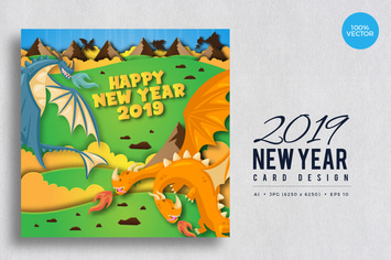 Cute Dragon Theme Happy New Year 2019 Vector Card