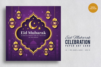 Eid Mubarak Paper Art Vector Card Vol.8