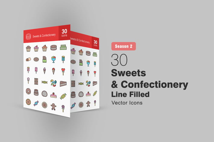 30 Sweets & Confectionery Filled Line Icons