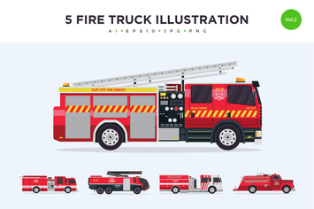 5 Firefighter Truck Vector Illustration Set 2