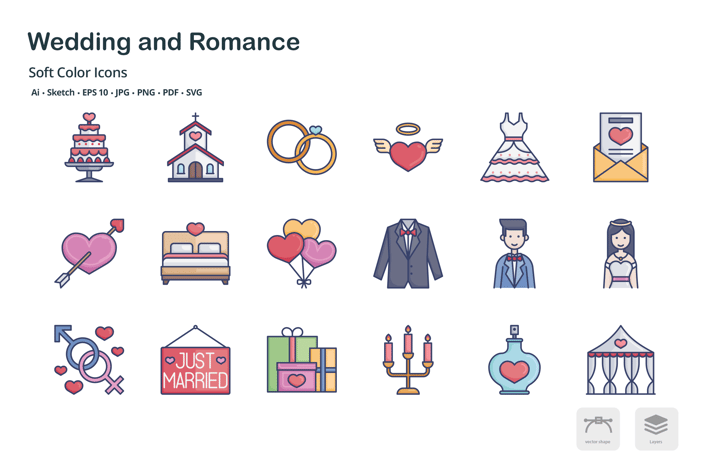Wedding and Romance soft color icons