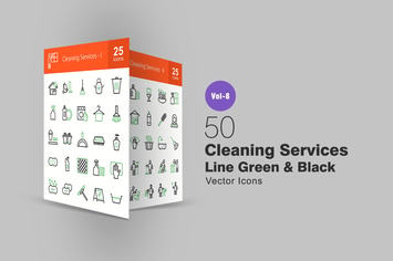50 Cleaning Services Green & Black Line Icons