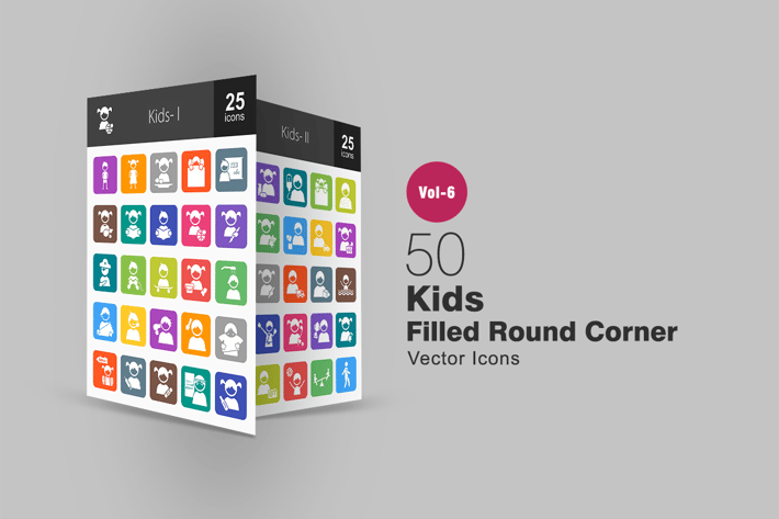 50 Kids Filled Round Corner Icons
