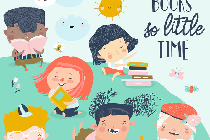Happy kids reading books on green meadow. Vector 