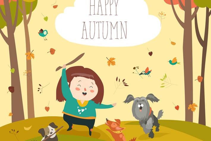 Funny dogs with cute girl. Vector illustration