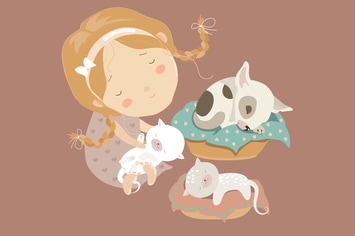 Cute girl with funny kittens and puppy. Vector 