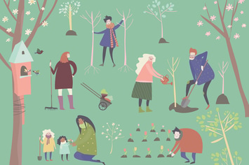 Cute cartoon people are gardening in spring park. 