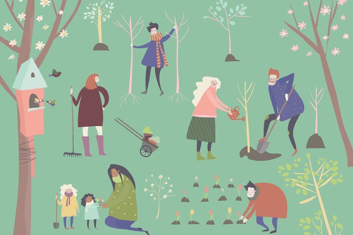 Cute cartoon people are gardening in spring park. 