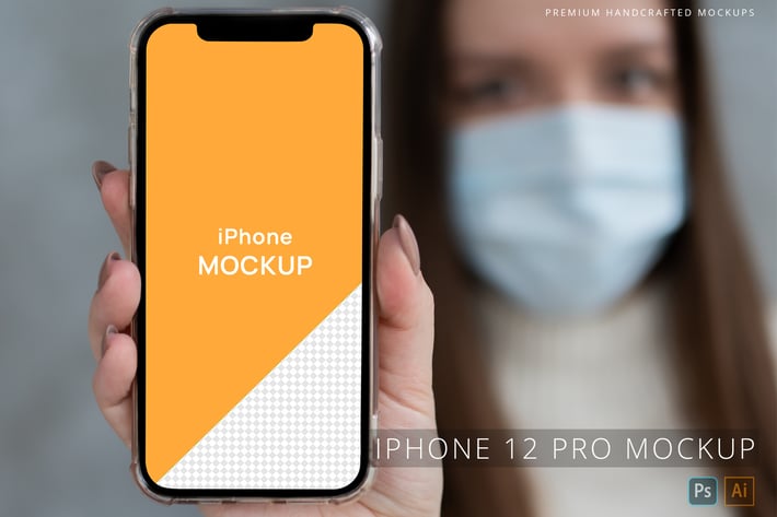 iPhone 12 Pro in Hand Mockup Person Wearing Mask