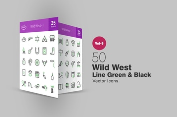 50 Wild West Green & Black Line Icons