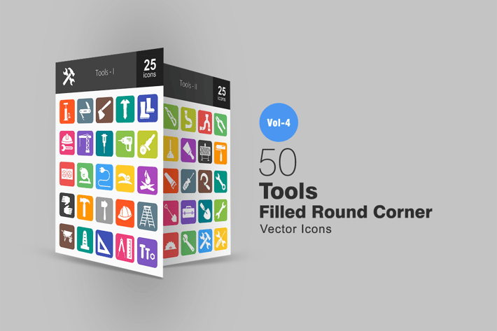 50 Tools Flat Round Corner Icons
