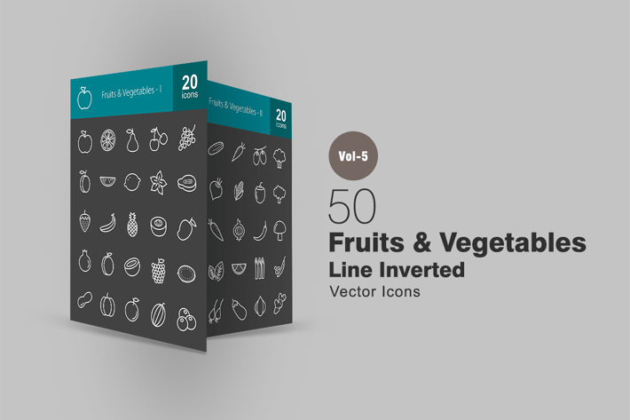 50 Fruits & Vegetables Line Inverted Icons