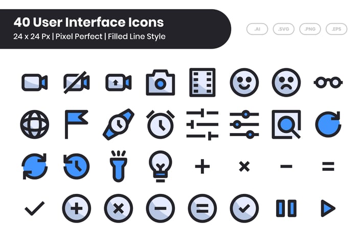40 User Interface Icons Set - Filled Line