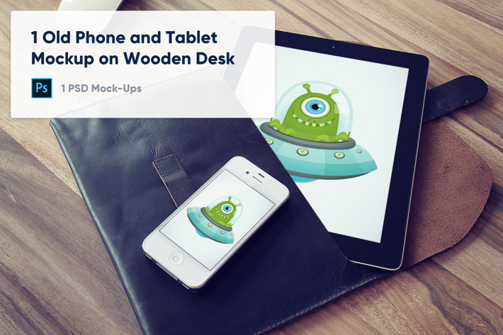 1 Old Phone and Tablet Mockup on Wooden Desk