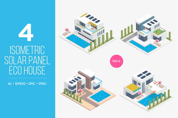 Isometric Solar Panel Eco House Vector Set 4