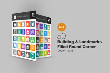 50 Buildings & Landmarks Flat Round Corner Icons