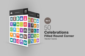 50 Celebrations Flat Round Corner Icons