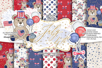 4th of July Bear digital paper pack