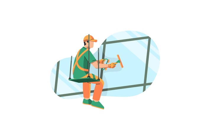 Washing and cleaning the window with a squeegee