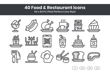 40 Food & Restaurant Icons Set - Line