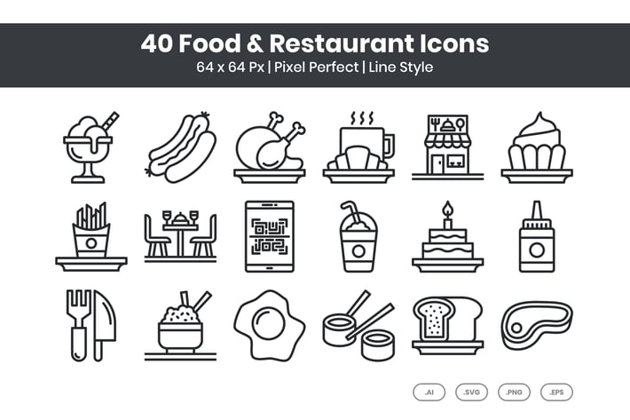 40 Food & Restaurant Icons Set - Line