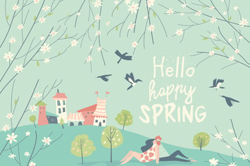 Cartoon happy couple in love in spring garden. Joy