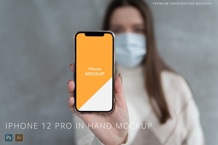 iPhone 12 Pro Person Holding in Mask Mockup