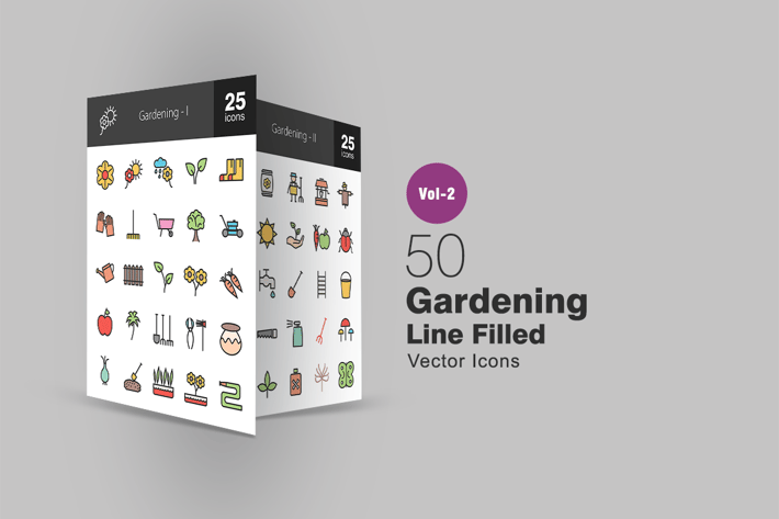 50 Gardening Line Filled Icons