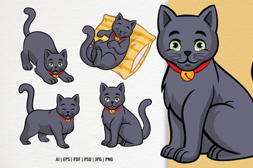 Set Cartoon Russian Blue Cat Vector