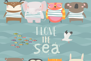 Set of cute animals wearing striped vest on sea ba