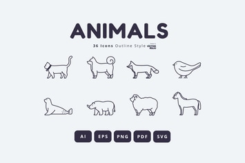 36 Animals Icons Outline Style